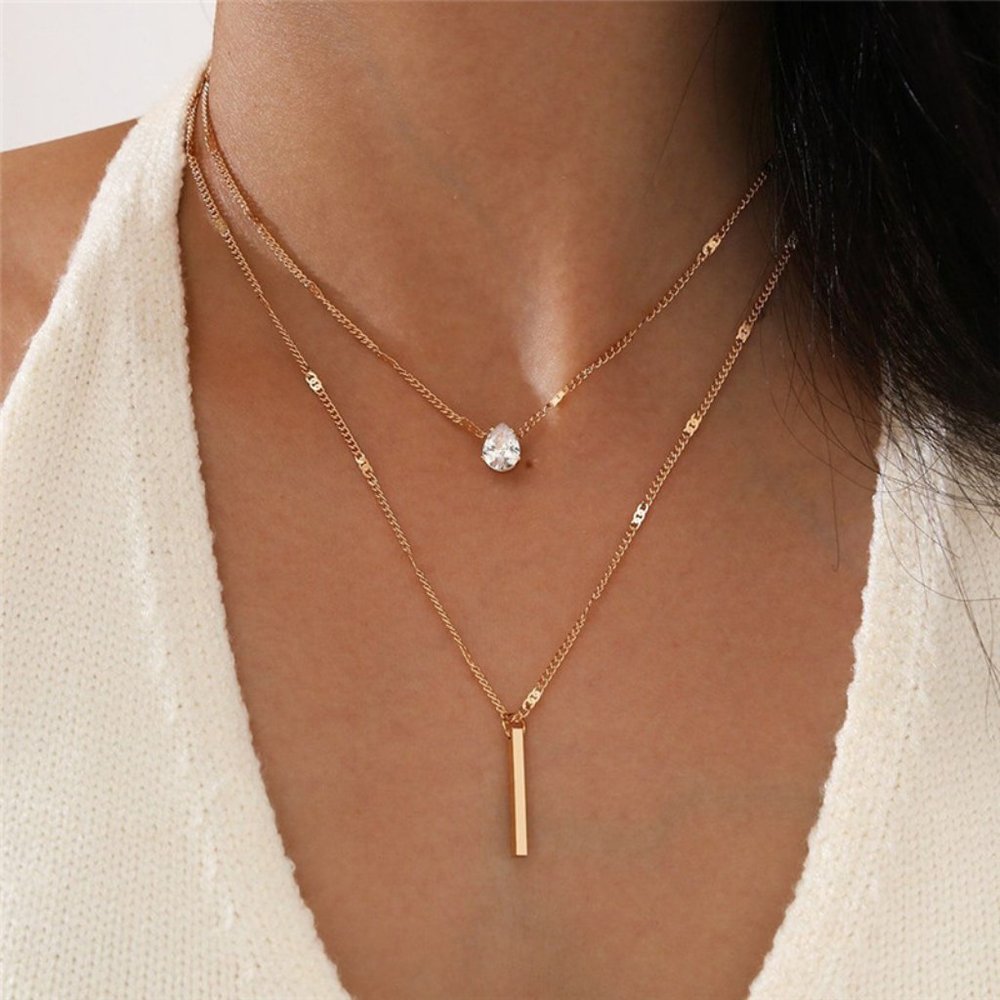 Layered Teardrop and Drop Bar Cubic Zirconia Gold Necklace Set